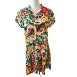 Christina Vergani Italian Linen Short Sleeve Fit & Flare Dress Colorful Print M